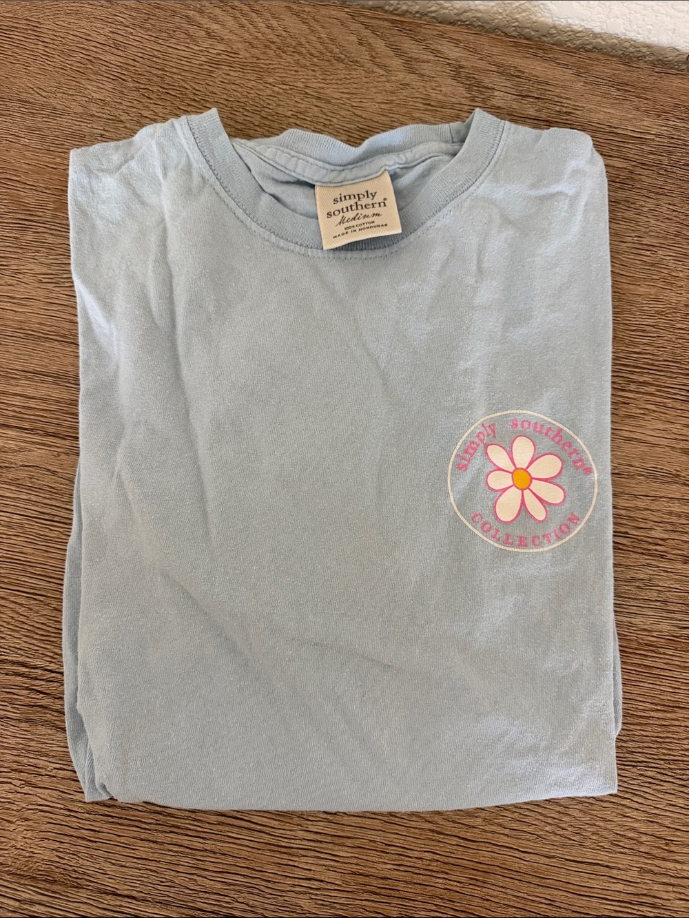 Simply Southern Light Blue Tee with Pink & Yellow Daisy Pocket